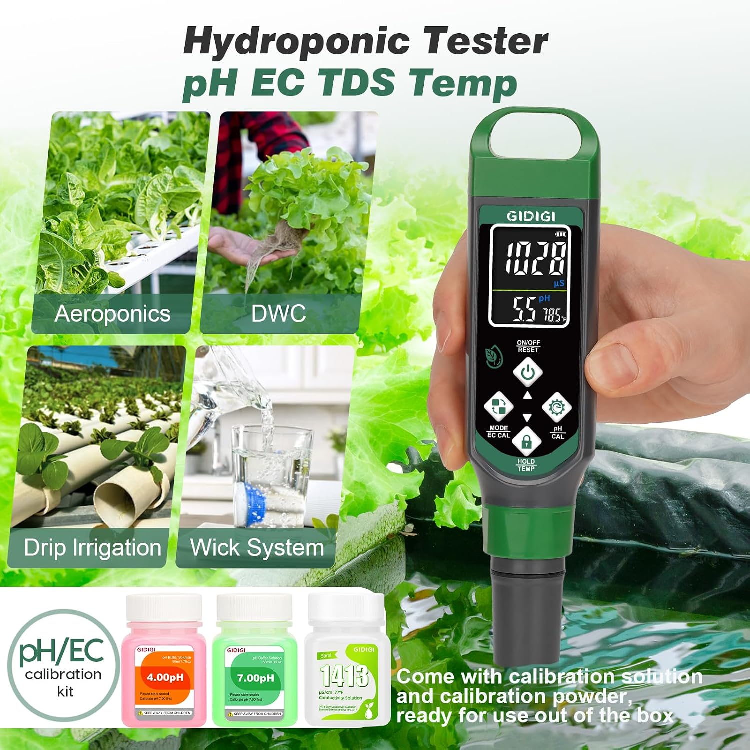 Hydroponic Nutrient Tester pH Meter, Digital TDS PPM Meter for Water | ATC/AAA Battery/Calibration Kit/pH Reset, 4 in