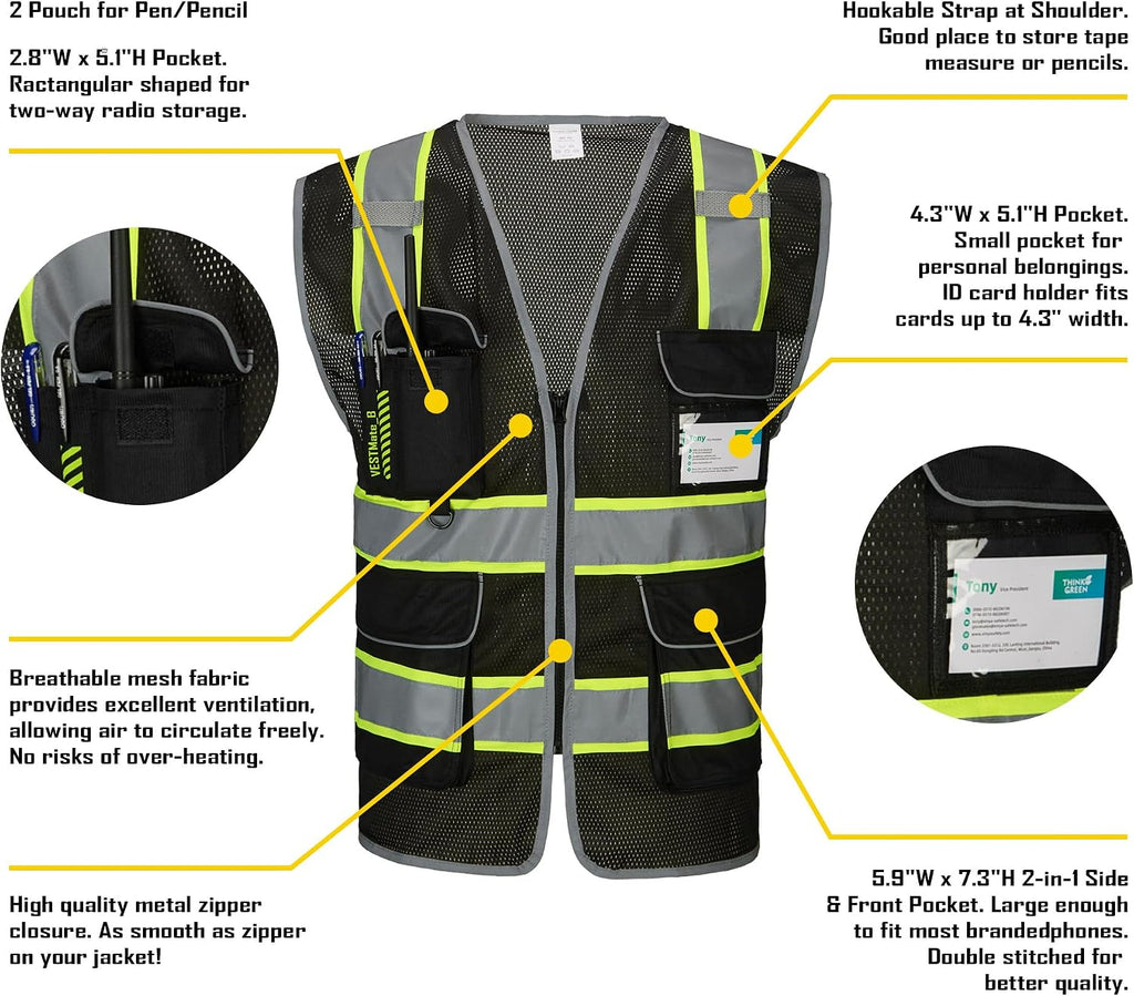 9 Pockets Reflective Mesh Safety Vest for Men, Hi-vis Work Vest for Construction, Class 2 ANSI Standard, Orange