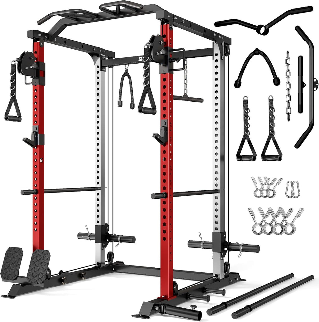 DP01 Power Cage, 2000LBS Squat Rack with Cable Crossover and Dual Independent Pulley System, Full Cage for Full Body