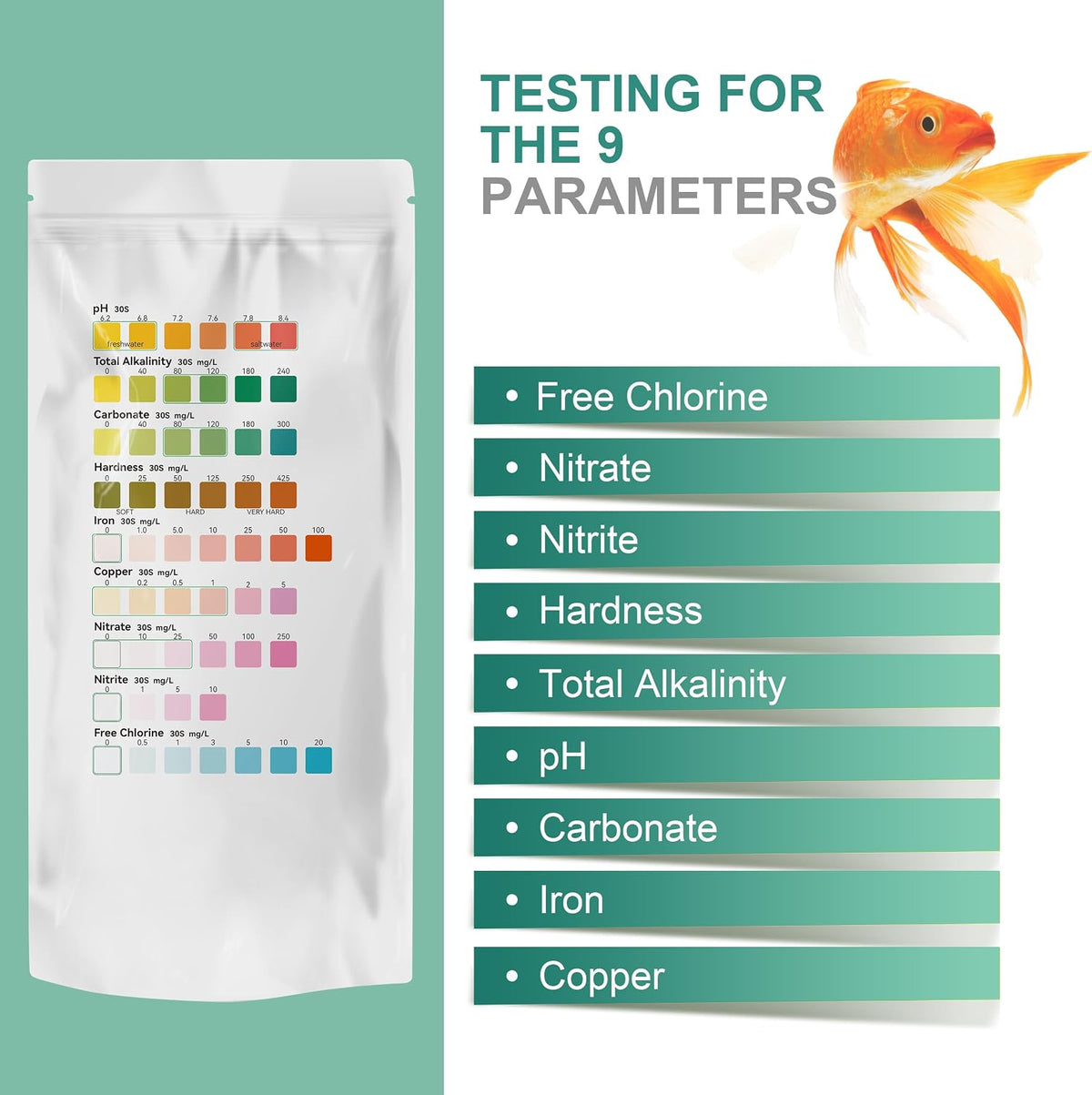 Fish Tank Marine Water Test Strips 9-in-1 |25 Strips | Freshwater, Saltwater & Reef Tanks Quick & Accurate Test pH