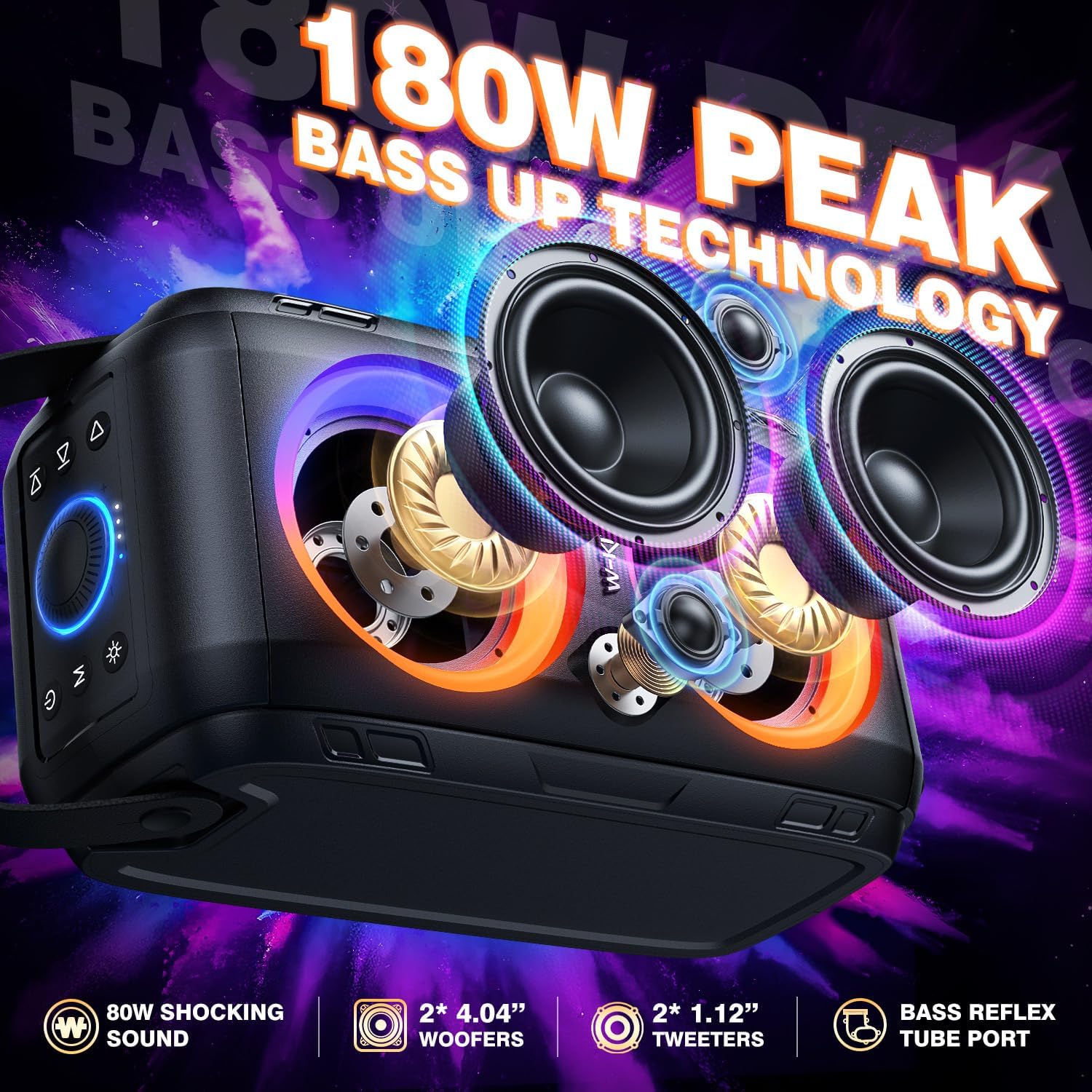 Party Bluetooth Speaker Boom Box, 180W Max Big Large Loudest Wireless Outdoor Portable Speaker 4 Drivers with
