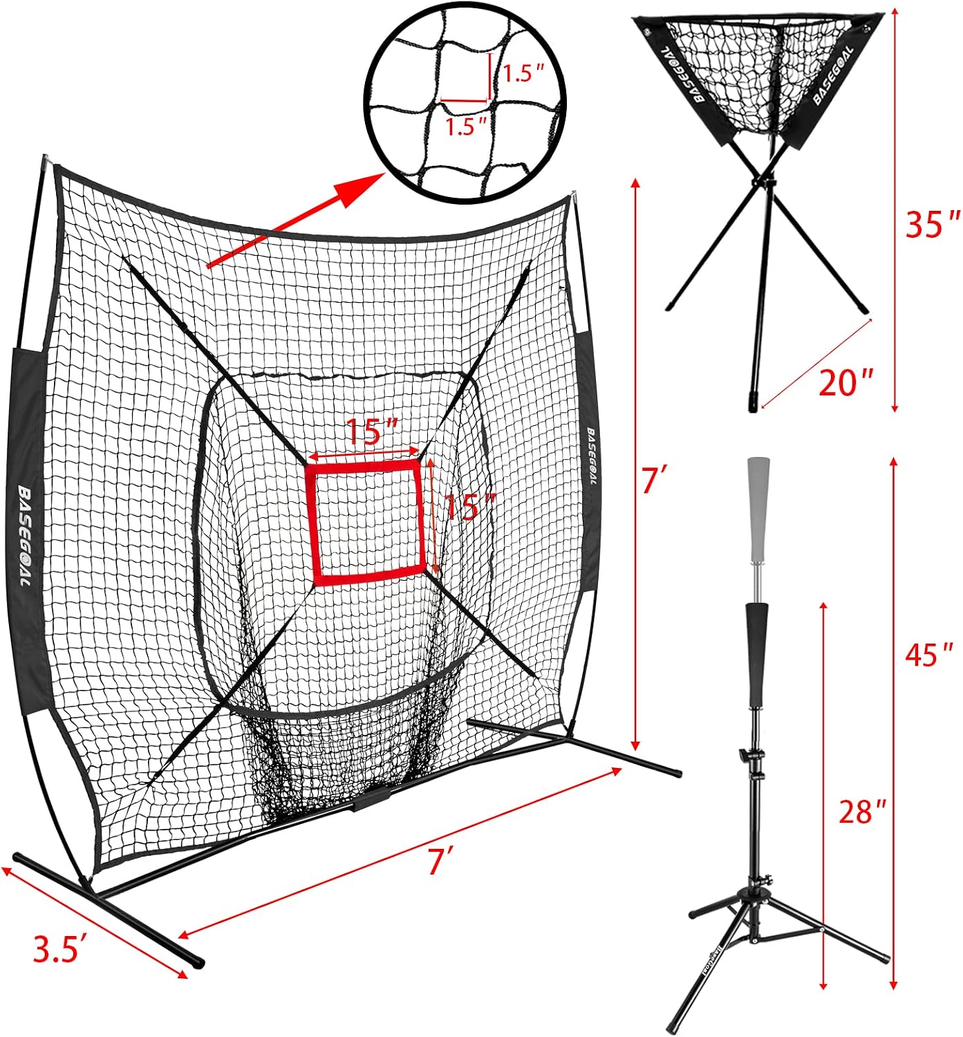 7x7ft Baseball Practice Net with Batting Tee,Caddy and Strike Zone | Baseball backstop net with 7-strand knotless