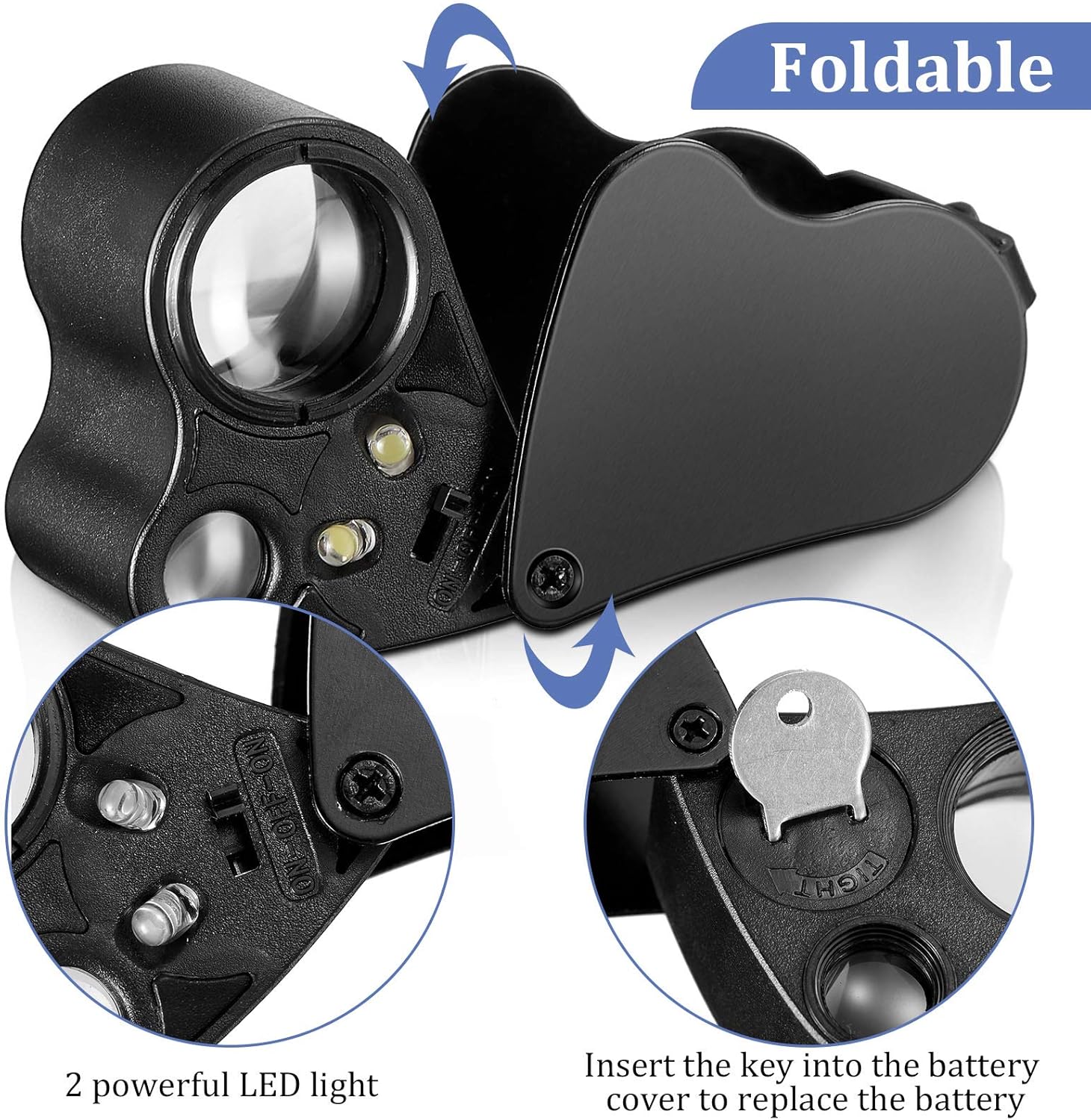 2 Pcs Jewelers Loupe 30X 60X 90X Magnifying Glass with LED,Black | UV Black Light for Gem Diamond Inspection