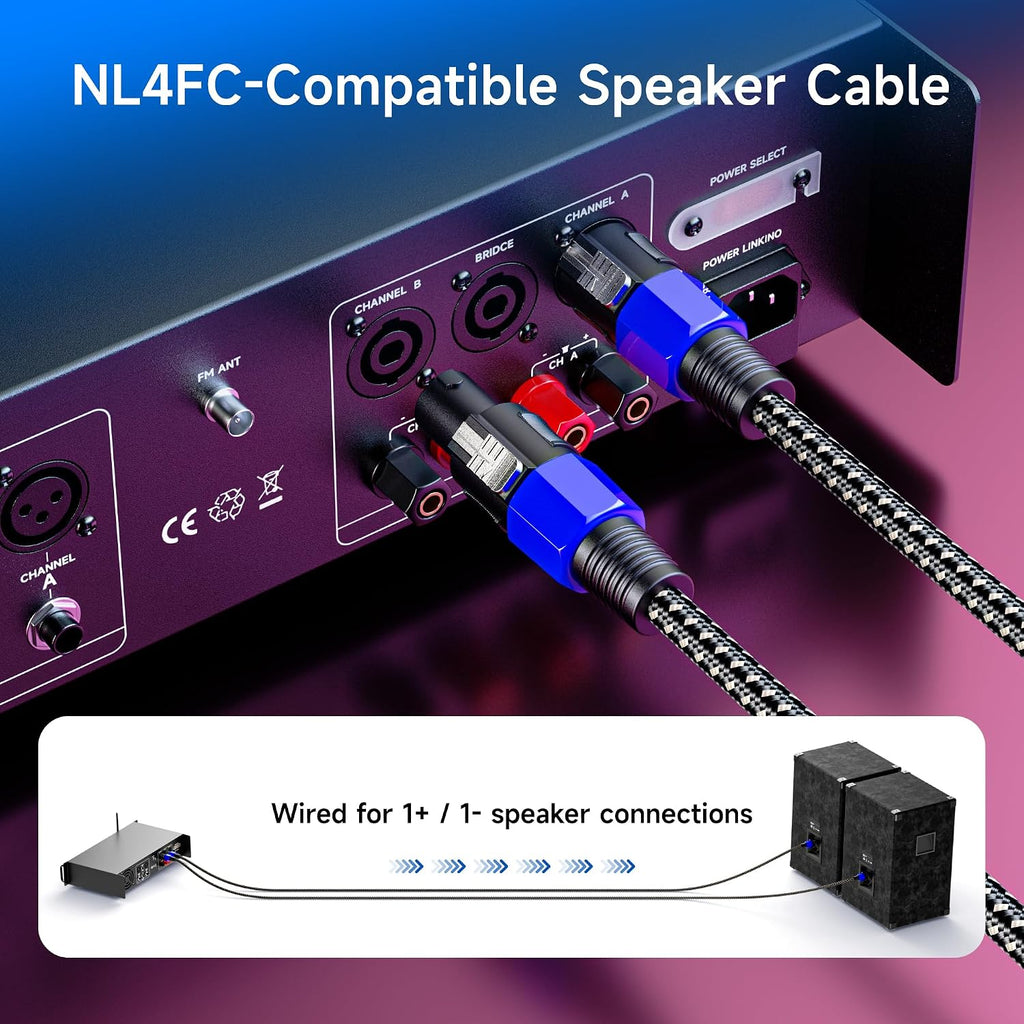 Premium Braided 12AWG Speaker Cable, 25ft | Compatible with Speakon NL4FC Port