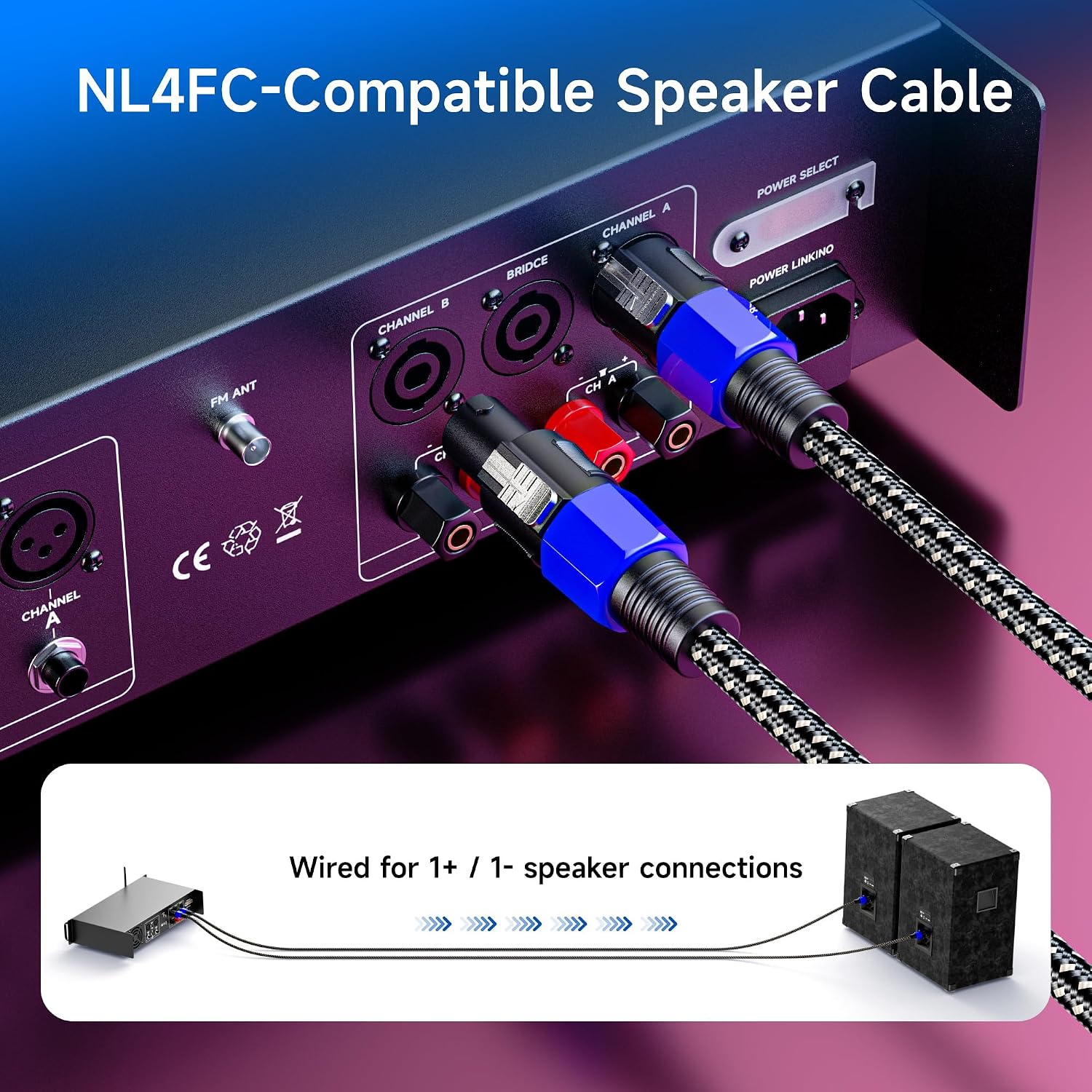 Premium Braided 12AWG Speaker Cable, 25ft | Compatible with Speakon NL4FC Port