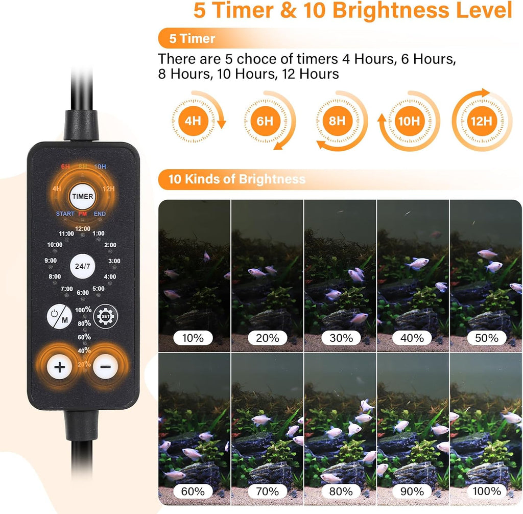 Submersible LED Aquarium Light, 11W 12 in 24/7 Mode Fish Tank Light with 5 Rows Beads, with Timer 9 Colors and