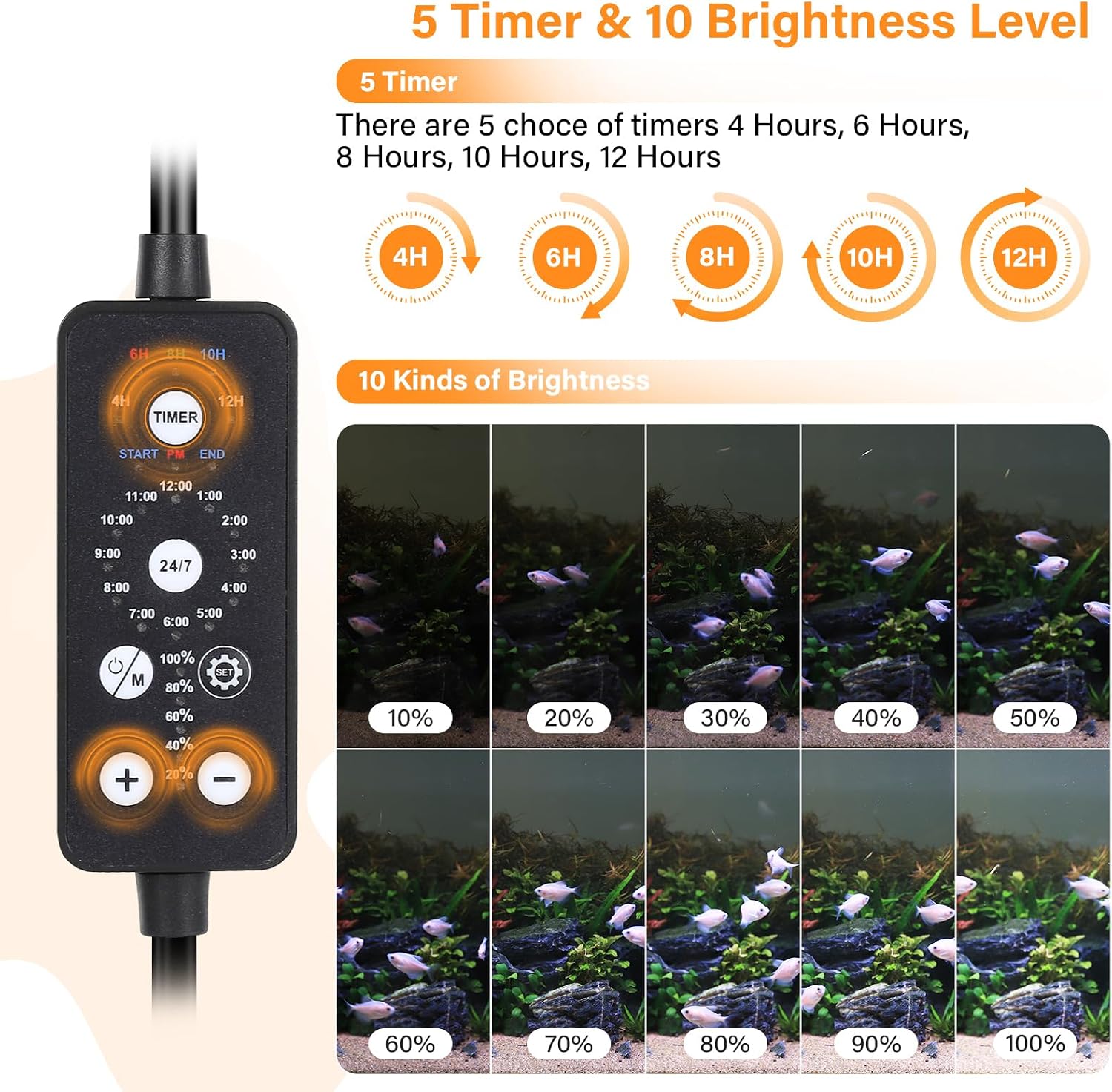 Submersible LED Aquarium Light, 11W 12 in 24/7 Mode Fish Tank Light with 5 Rows Beads, with Timer 9 Colors and