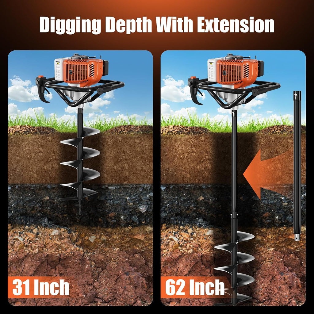 62cc Gas Powered Post Hole Digger, Earth Auger with 6" & 8" Drill Bits and 2 Extension Rods, Heavy Duty Earth Digger