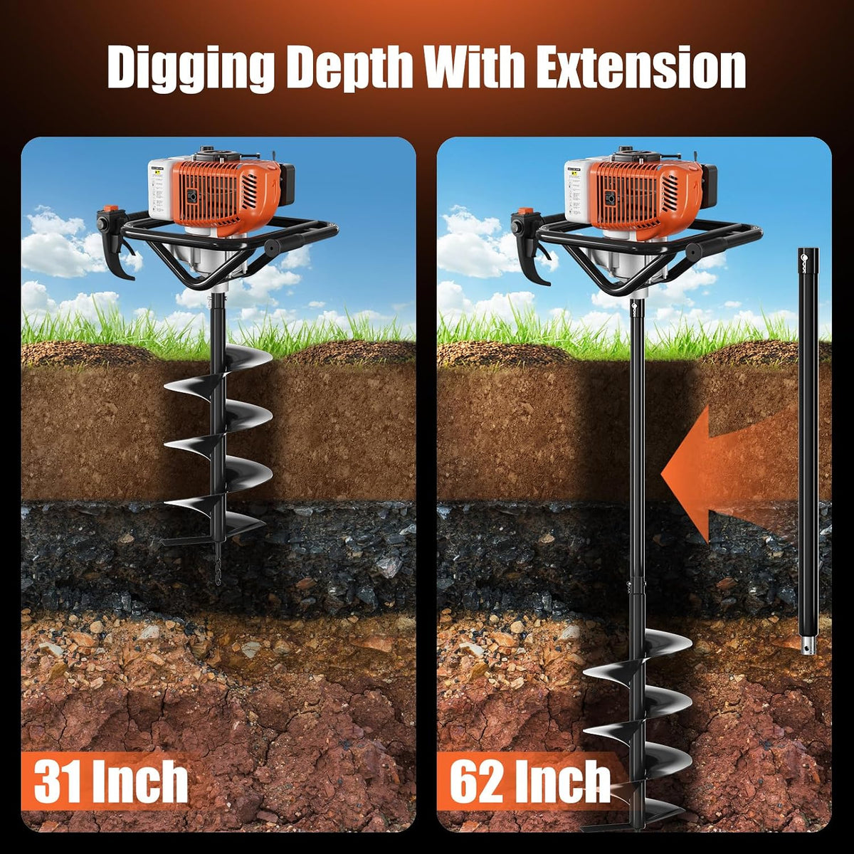 62cc Gas Powered Post Hole Digger, Earth Auger with 6" & 8" Drill Bits and 2 Extension Rods, Heavy Duty Earth Digger