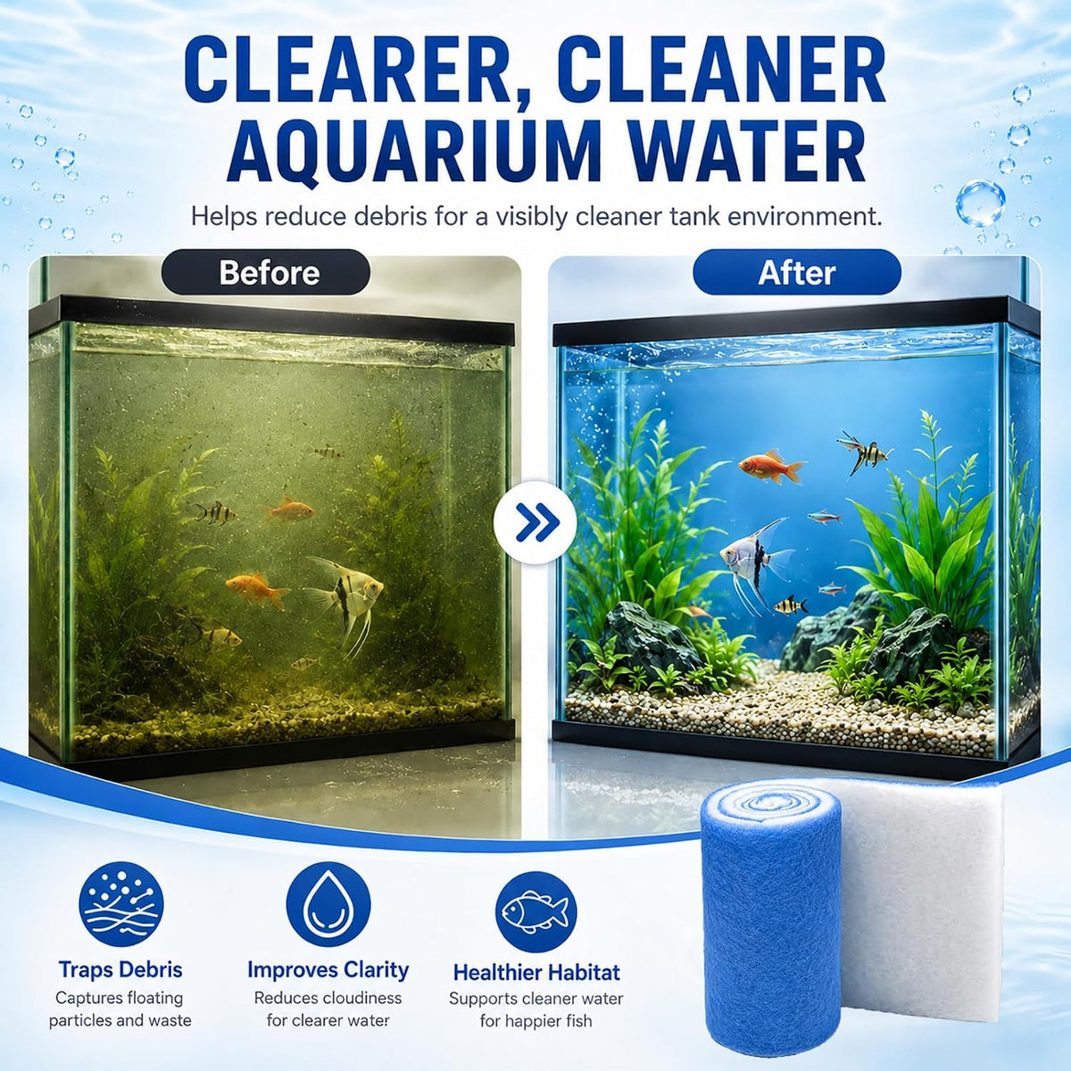 Aquarium Filter Floss 12 x 72 x 0.75 Inch, Cut-to-Fit Filter Media Pad