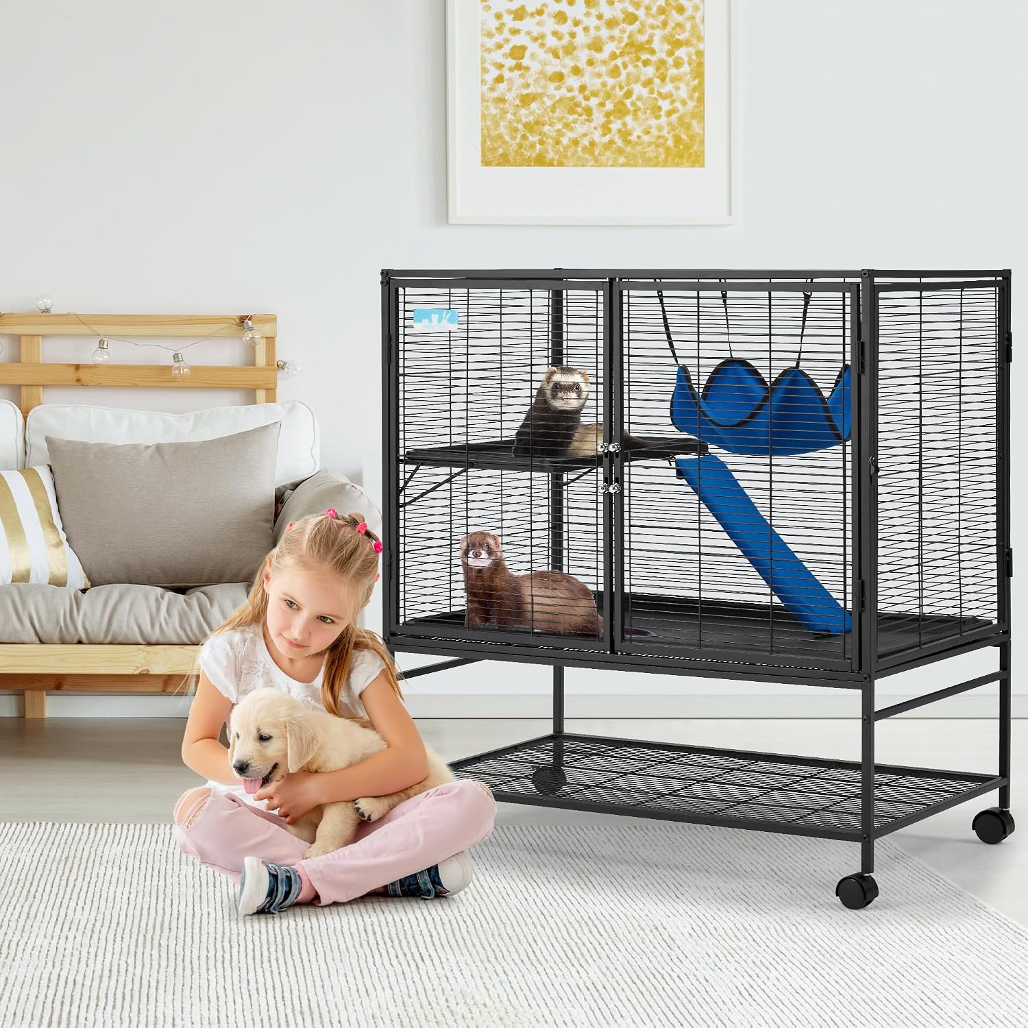 40''H Large Metal Rolling Ferrets Cage, 2-Tiers Small Animal Cages, Cage for Rats/Chinchillas, 0.5'' Bar Spacing for