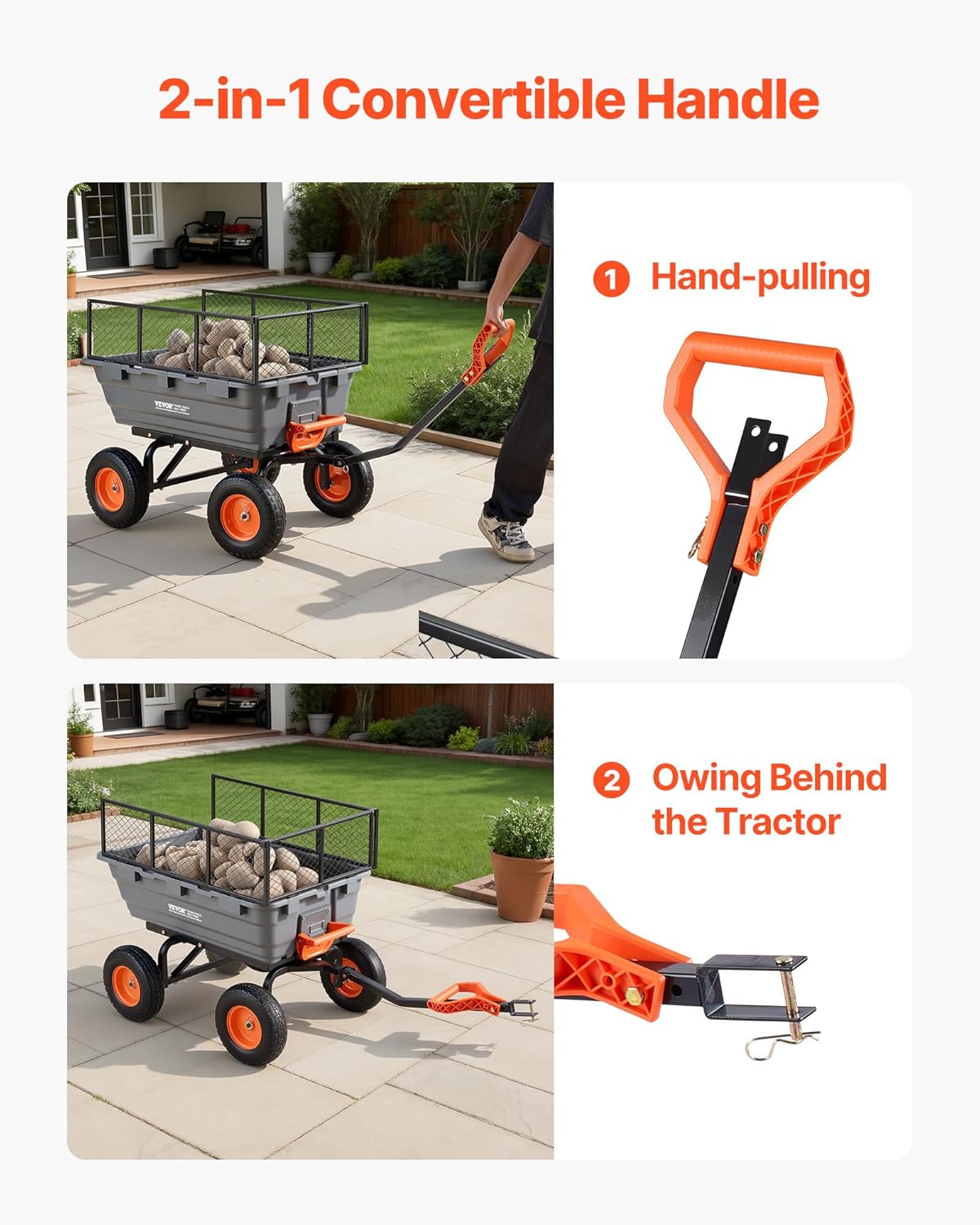 10 Cu.Ft 1200LBS Poly Garden Cart Dump Wagon, Heavy Duty Wheelbarrow with Convertible Handle and 13" Flat Free Tires