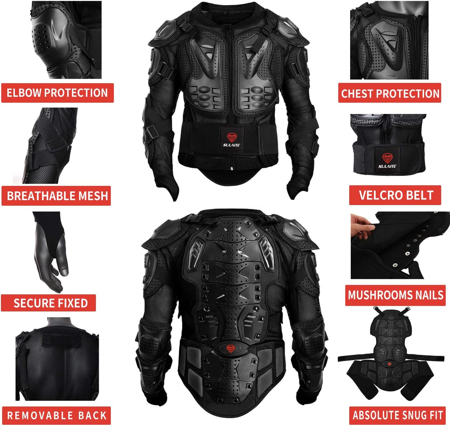 Motorcycle Armor Jacket Full Body Armor Men XL | PE Hard Shell,1.5cm EVA Foam,Chest/Back/Shoulder/Elbow
