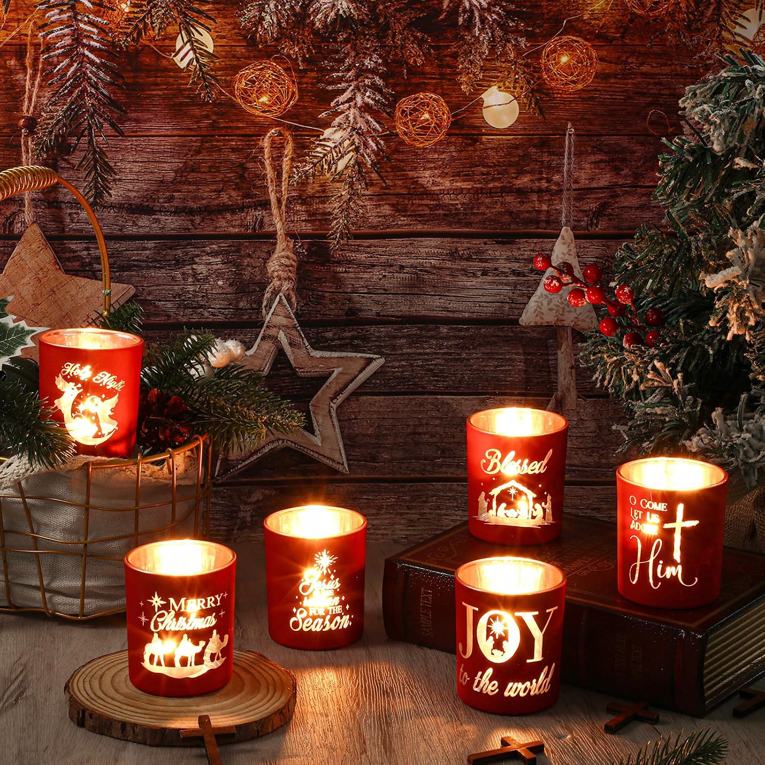 Set of 6 Christmas Nativity Votive Candle Holders with 10 Candles Advent Tealight Holders Red Christmas Glass