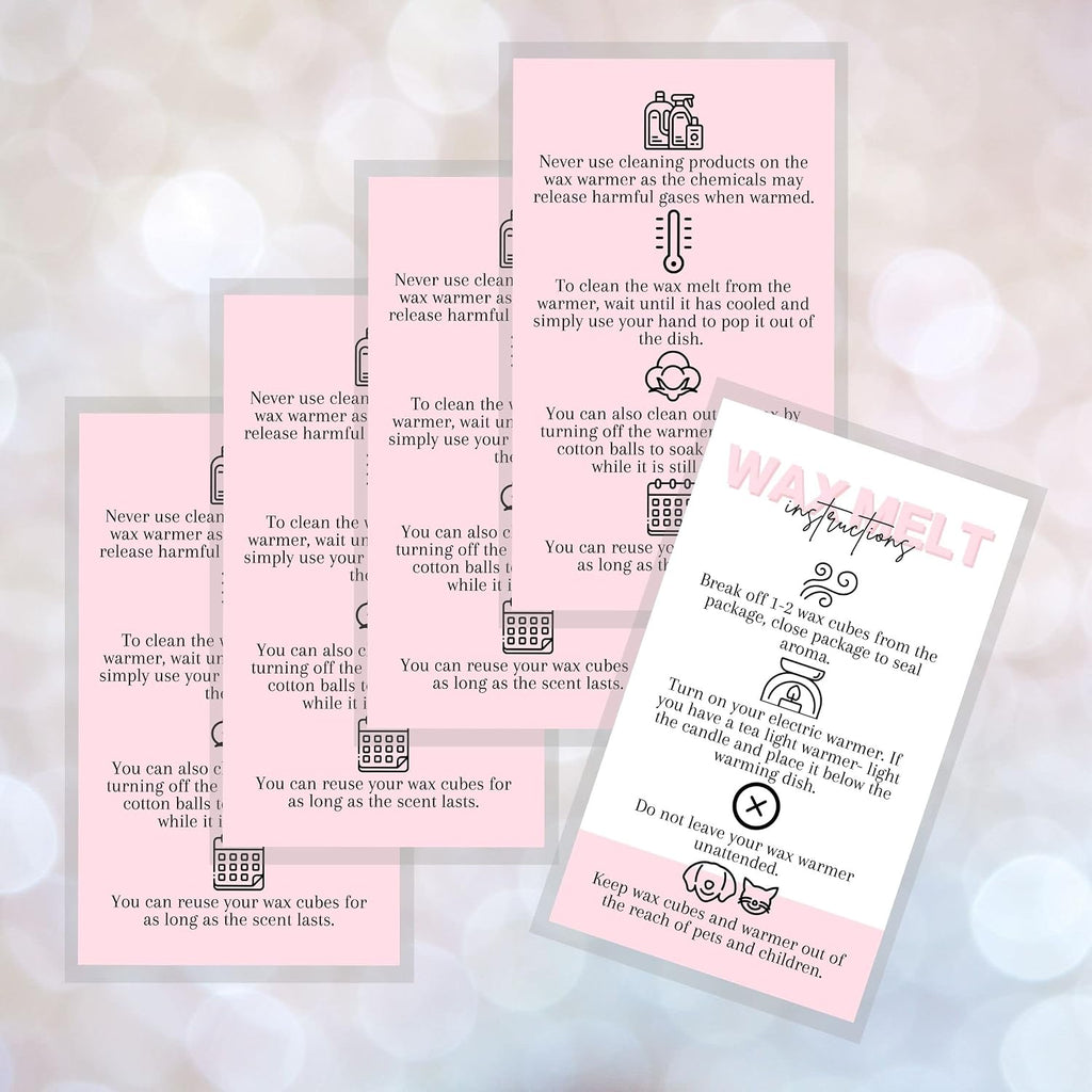 Wax Melt Care Instruction Cards | 50 Pack | 2x3.5” Business Card Wax Melt Supplies Homemade Customer thank you for
