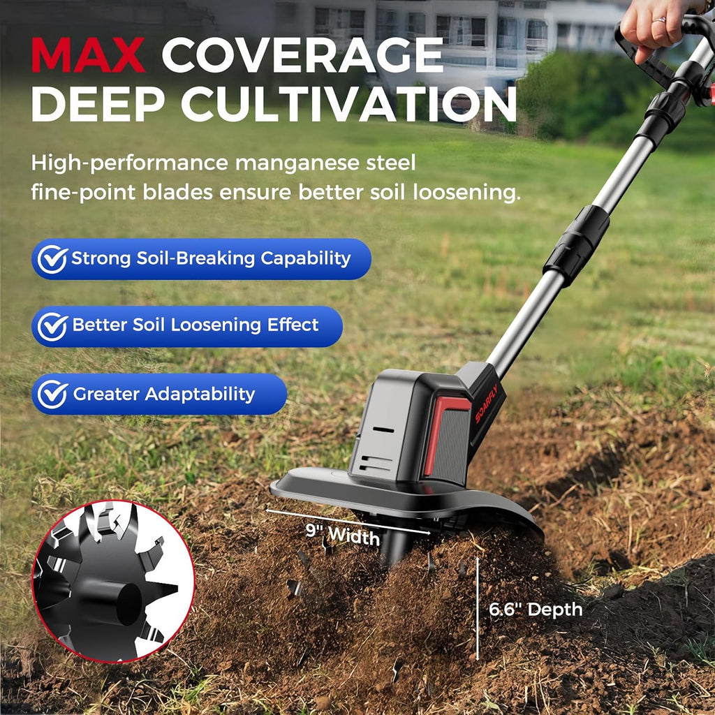 Upgraded Cordless Electric Tiller for Gardening, Total 8.0Ah Battery Powered Mini Cultivator with 2×4.0AH Batteries