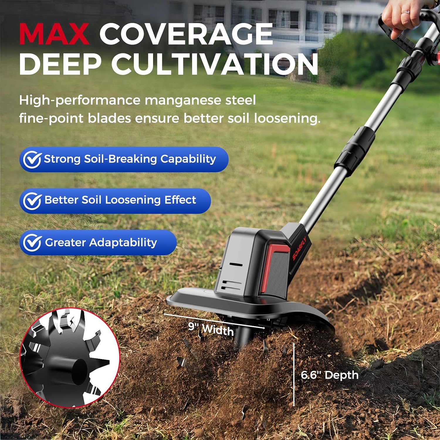 Upgraded Cordless Electric Tiller for Gardening, Total 8.0Ah Battery Powered Mini Cultivator with 2×4.0AH Batteries