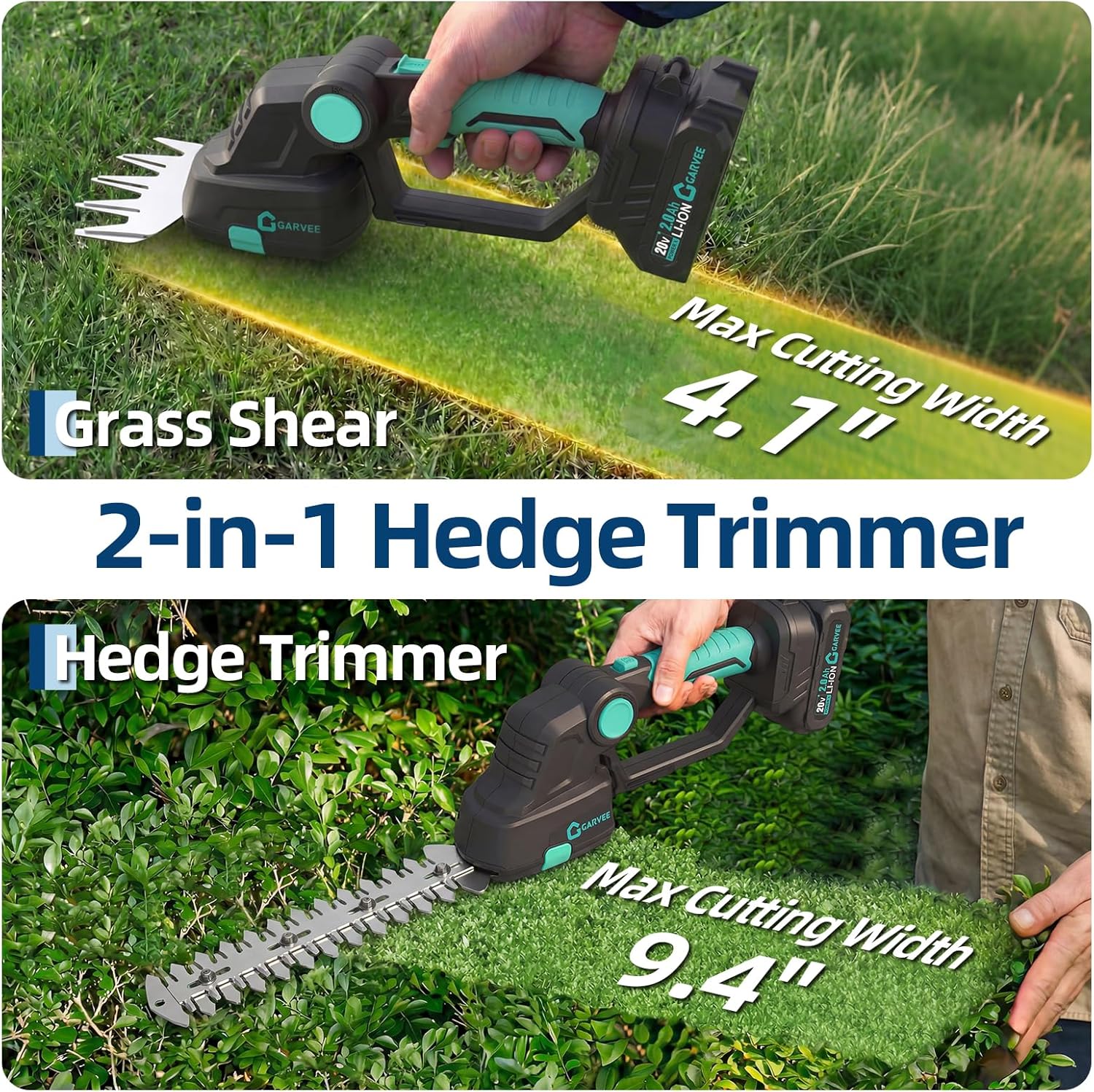 20V Cordless Hedge Trimmer, 2 in 1 Electric Bush Trimmer, Handheld Grass Shear with 2×2.0Ah Rechargeable Batteries &