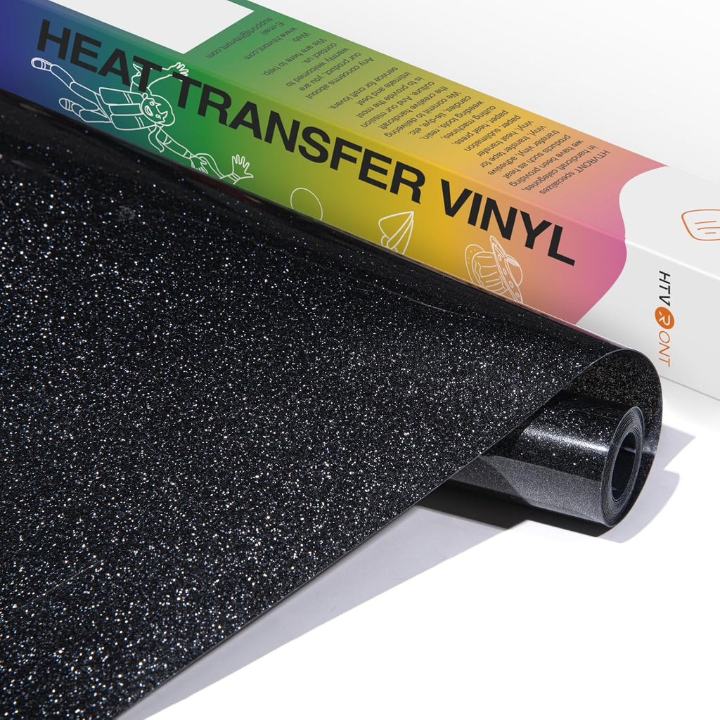 Black Glitter HTV Vinyl- 10” x 5ft Black Glitter Iron On Vinyl | Glitter HTV for All Cutting Machine, Glitter Heat