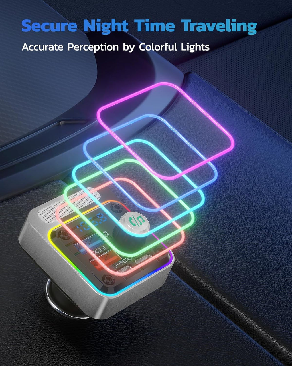 54W Bluetooth 5.3 Car Adapter, FM Transmitter 4-Port Fast Charging | Wireless FM Radio Music Player with Deep Bass, 5