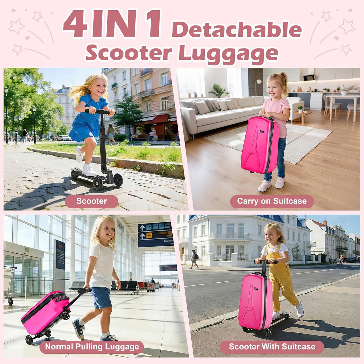 Scooter Luggage for Kids Removable & Foldable Ride on Suitcase-Fuchsia