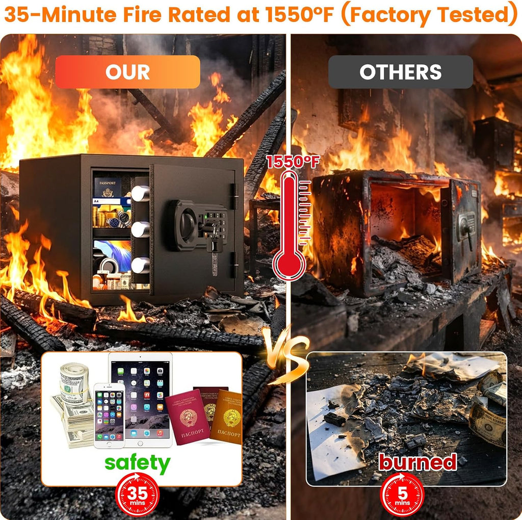 Small Fireproof Safe Box | 1800℉ 35-Min Real Test Fire Safe | 1.2 Cuft Safe | 22Lbs Heavy Fire Money Safe | 3 Quick