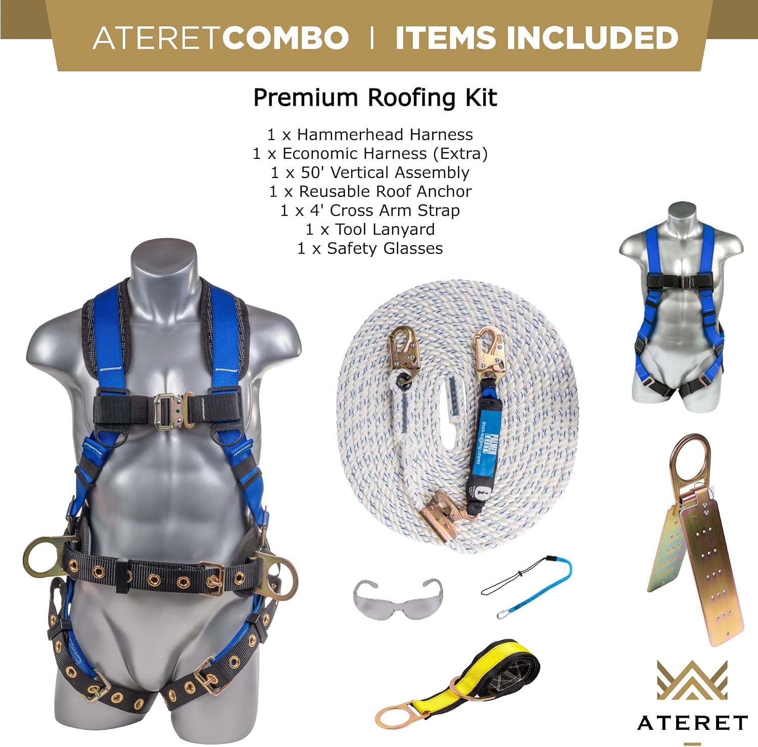 Palmer Safety Premium Fall Protection Roofing Bucket Kit I Full Body Safety Harness, 50' Vertical Rope, Anchor Set I