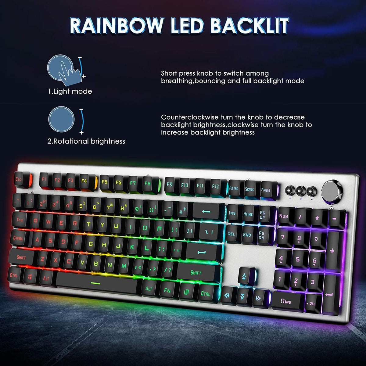 RGB Backlit Gaming Keyboard with Mouse Combo and Mouse pad, Multimedia Keyboard Knob,Mechanical Feel USB Wired