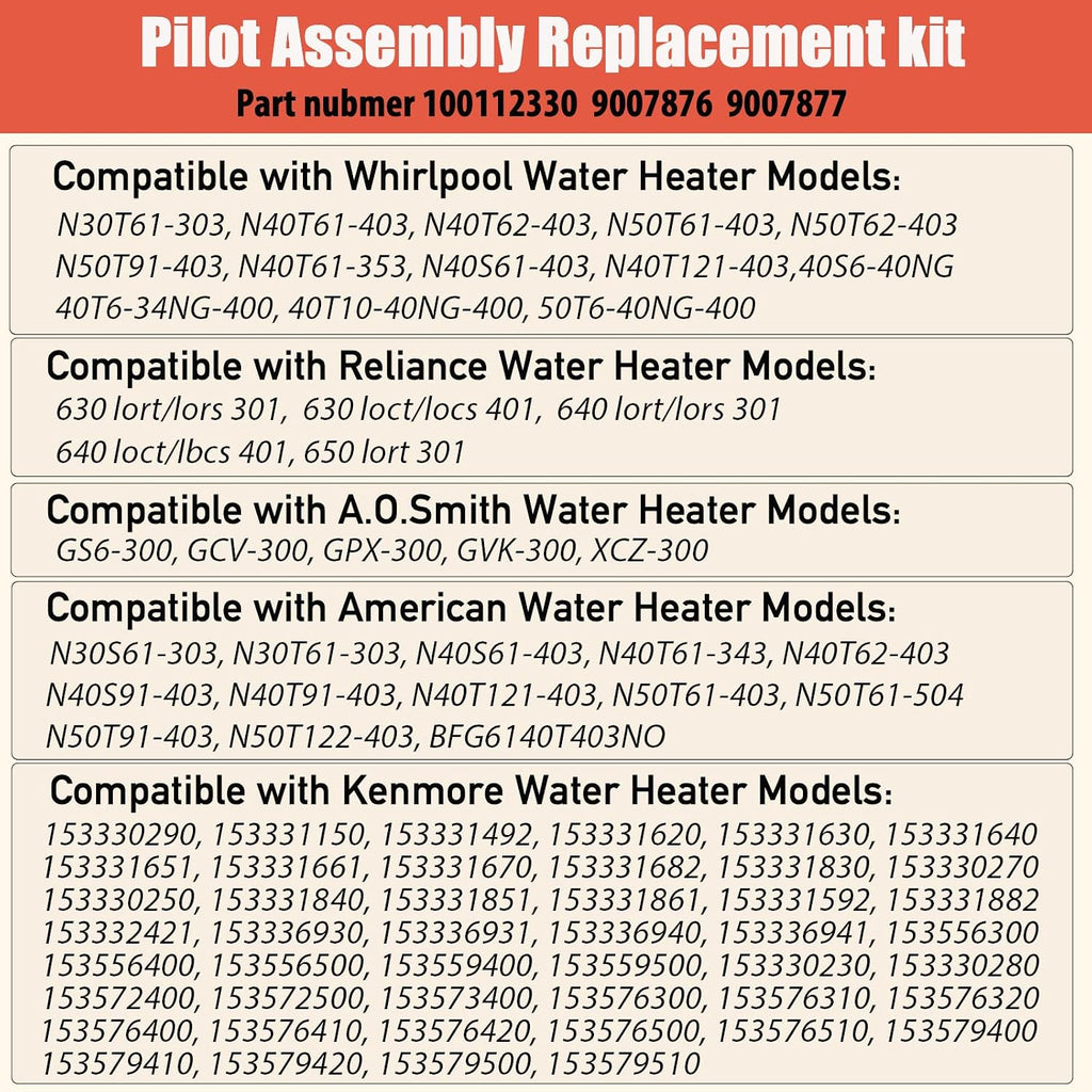 100112330 Water Heater Pilot Assembly with Thermopile, 9007876 9007877