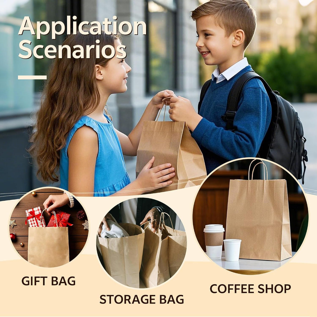 100 pcs Brown Paper Gift Bags with Handles, 8x4.5x10.8 Inch, Medium