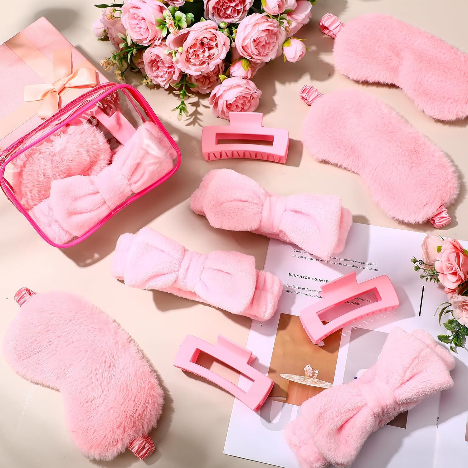 24 Pcs Spa Party Favors Supplies 6 Spa Headband 6 Plush Sleep Eye Mask 6 Hair Claw Clips 6 Clear Cosmetic Bags for