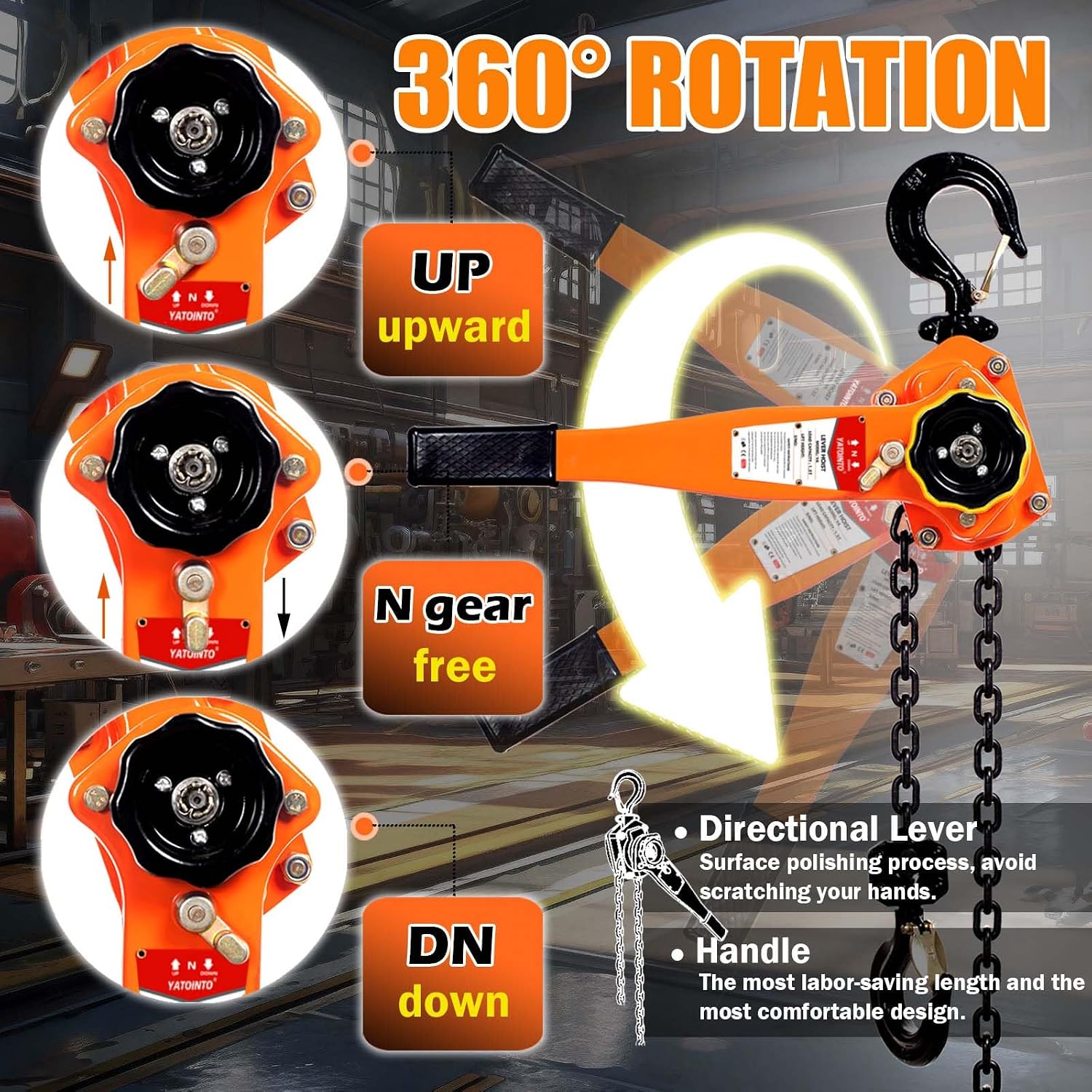 Lever Chain Hoist, 3/4 Ton Come Along Winch, 10FT Manual Ratchet Puller Hoist,G80 Black Chain and 2 Heavy Duty