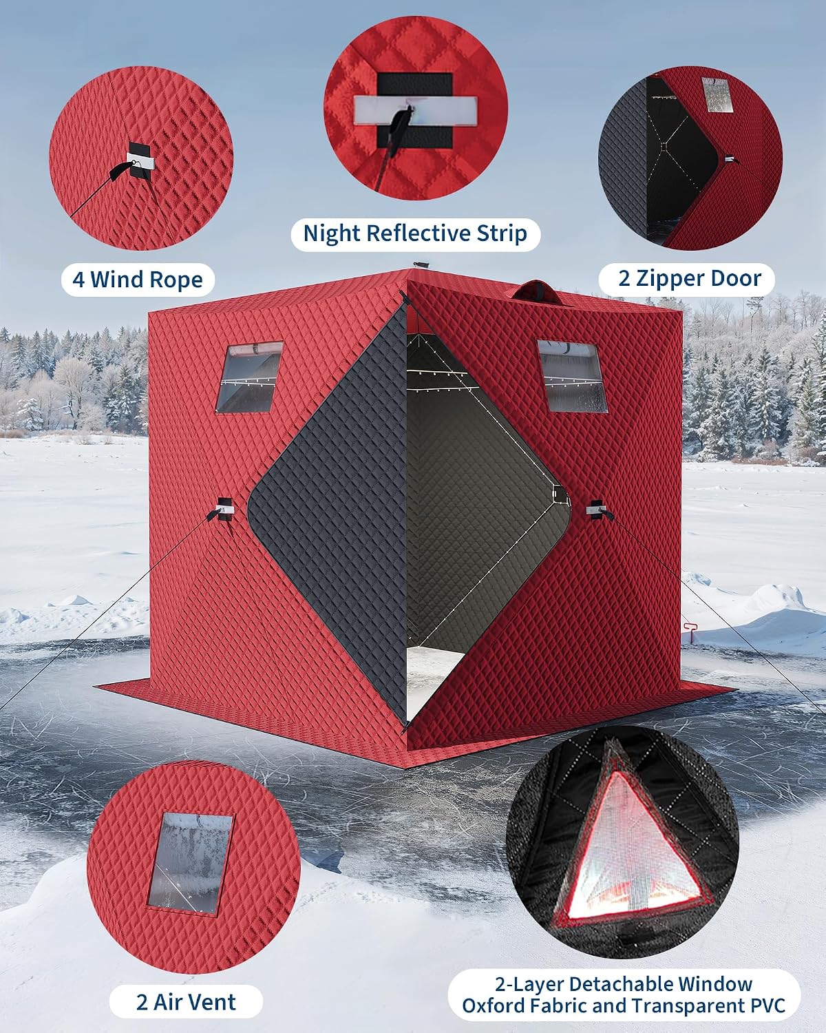 Pop-Up Ice Fishing Tent, 2 Person Portable Hub-Style Insulated Ice Fishing Shelter with Carrying Bag, Zippered Door
