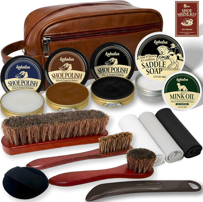 Shoe Shine Kit, Mens Gifts Ideas - 15PCS Shoe Polish Kit with Saddle Soap, Mink Oil, 3 Shoe Polishes, 3 Shoe Brushes