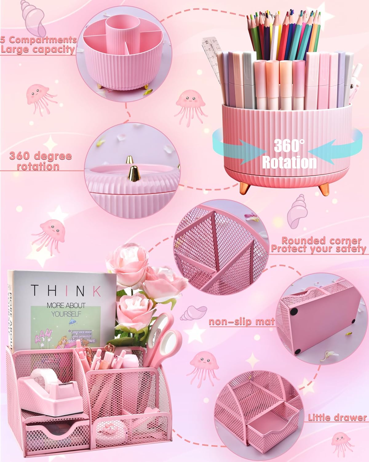21Pcs Pink Desk Organizers and Accessories With Mesh Desk Organizer and 360°Rotating Pen Holder and a Lot of Office