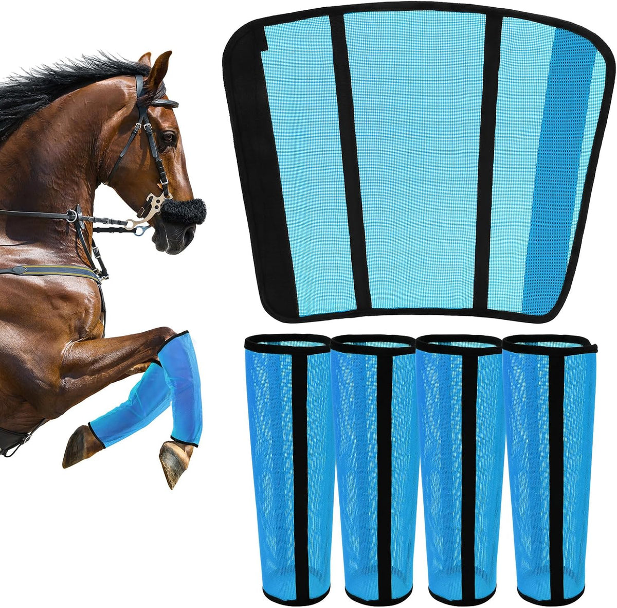 Fly Boots for Horses Set of 4 – Innovative Curved-Edge Design, Anti-Sag Stays, Breathable Mesh Leg Protection