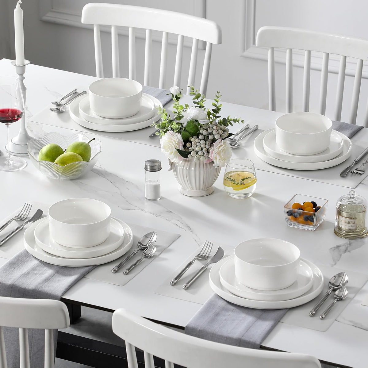 12 Pieces Porcelain Dinnerware Set, Modern White Dish Set for 4, Premium Serving Plates and Bowls Sets, Chip and