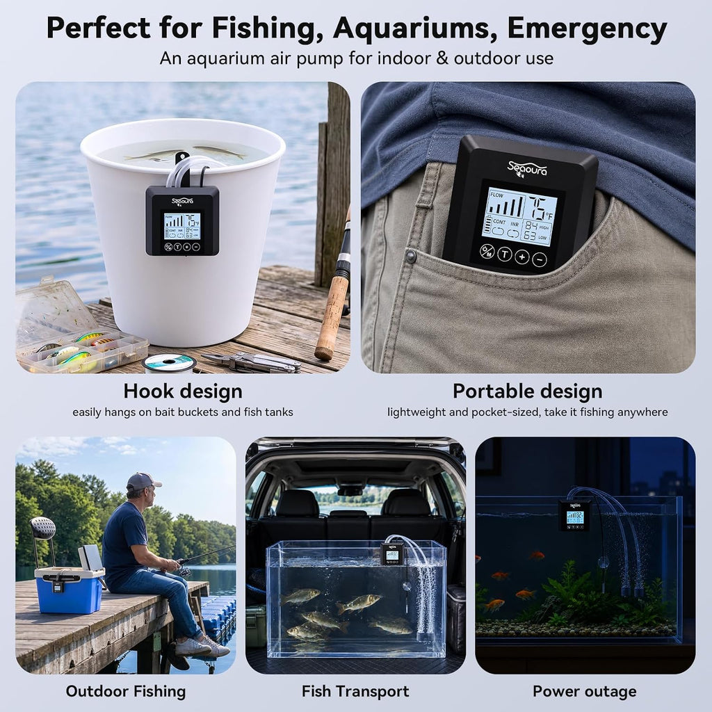 Battery Powered Aquarium Air Pump, USB Rechargeable Aerator up to 60 Gal 2.5w Fish Tank Air Pump, Temp Alarm