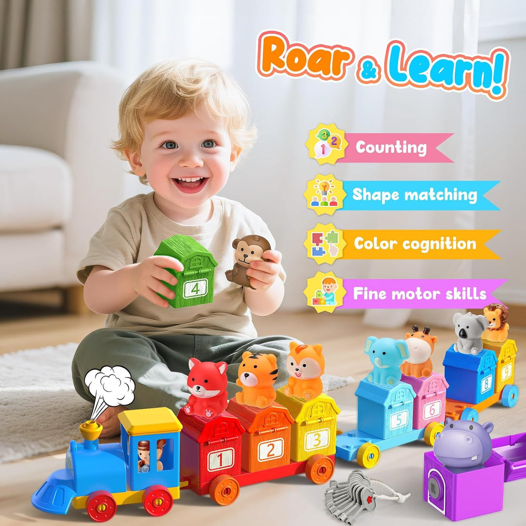 Animal Montessori Learning Toys for 2 3 4 5 Year Old Kids, Toddler Animals Train Locks & Keys Matching Toys Counting