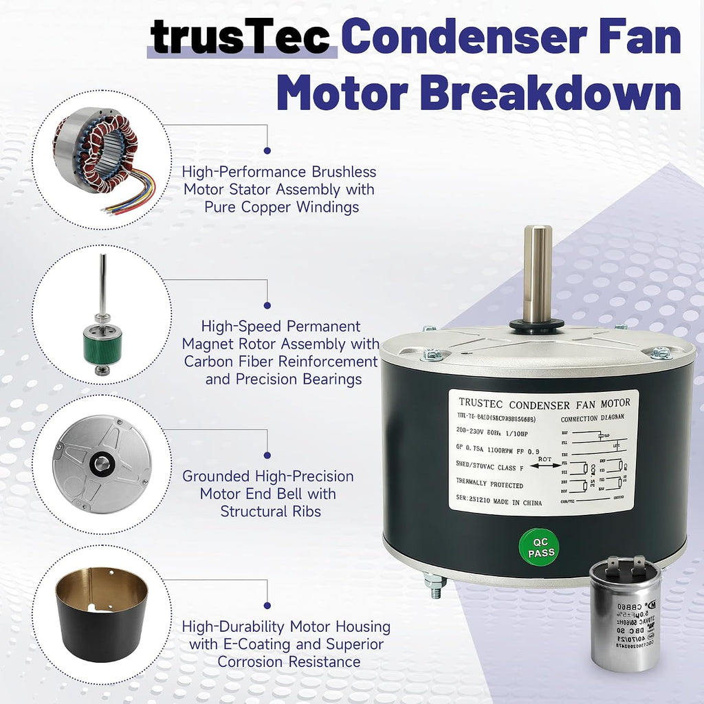 1/10HP Condenser Fan Motor, Replacement for Carrier HC33GE233 | 48 Frame 1100 RPM 208-230V, CW/CCW AC Fan Motor with