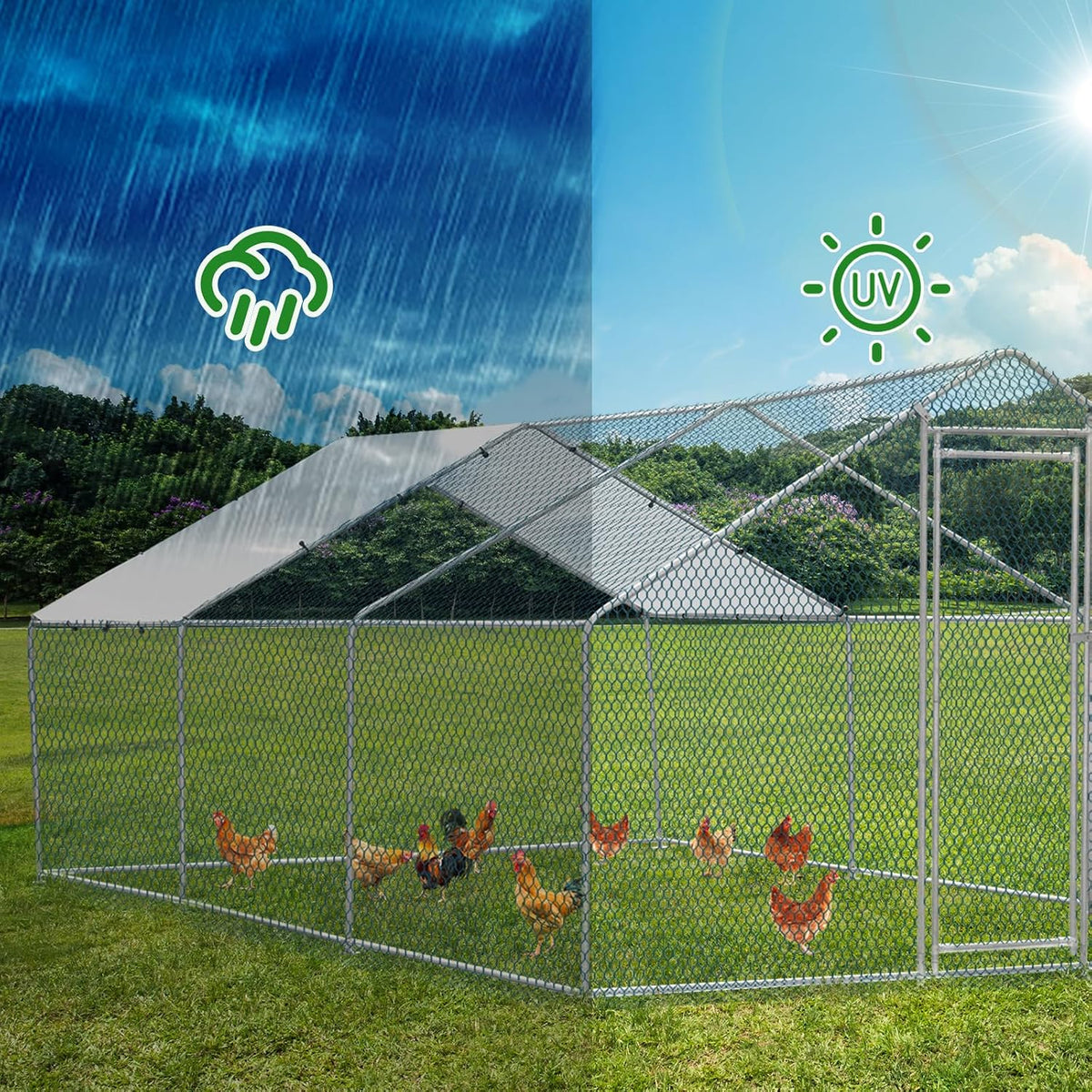 Chicken Coop, 19.5×10 FT Large Metal Chicken House, Poultry Habitat Cage with Waterproof Cover, Walk-in Chicken Run