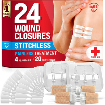 Emergency Wound Closure Strips - 24pk - 3 Types Easy to Use Butterfly Bandages - Stitchless & Painless Laceration