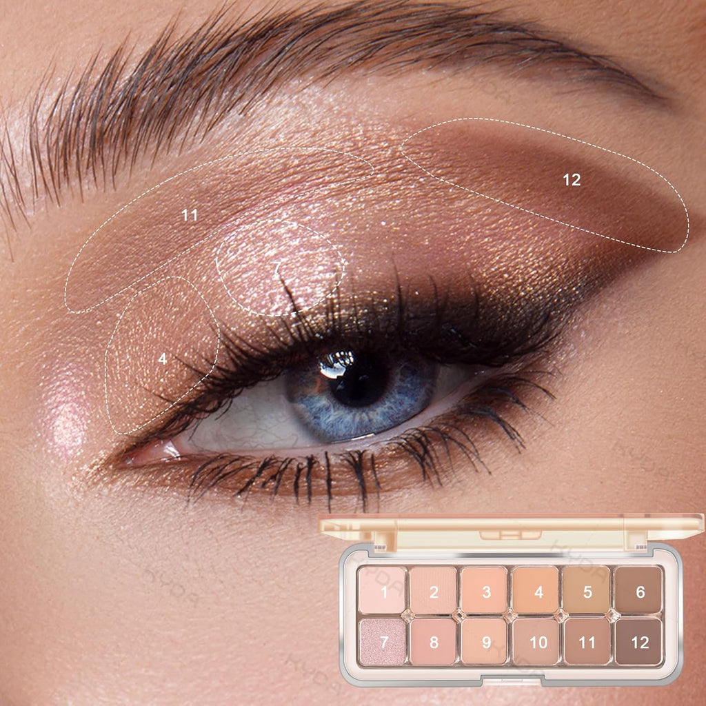 12 Colors Netural Nude Eyeshadow Palette with Brush, High Pigment Matte Shimmer Brown Eye Shadow, Netural Eyes