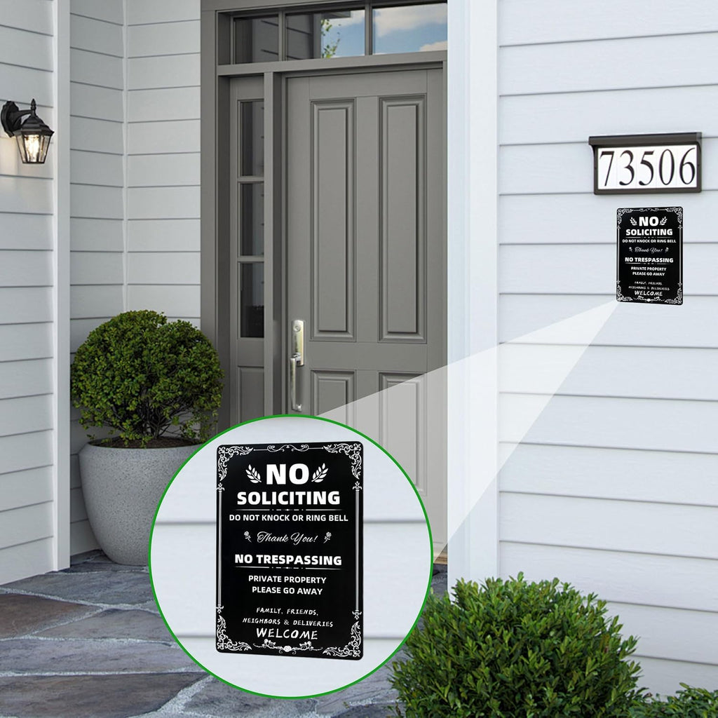 No Soliciting & No Trespassing Chic Metal Signs for Yard | Do Not Knock Or Ring Bell, Private Property, Indoor