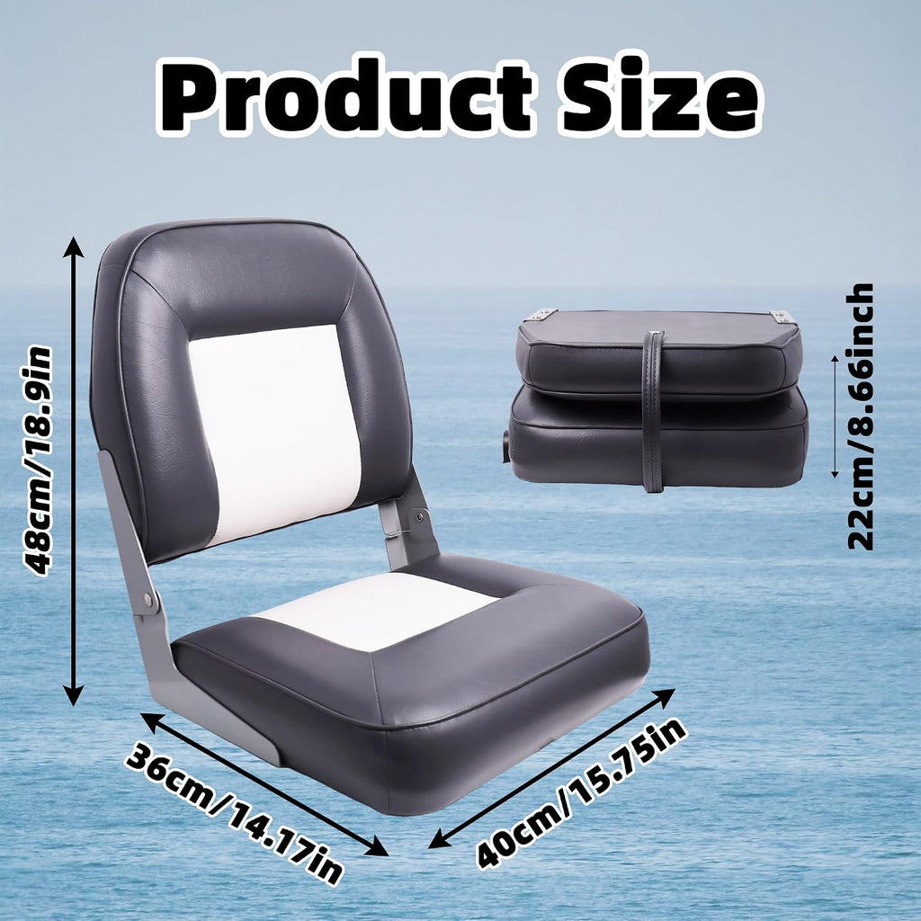 Classic Low Back Folding Fishing Boat Seat 2 Pack, White/Charcoal | Marine Boat Captain Chairs With Thick Cushion