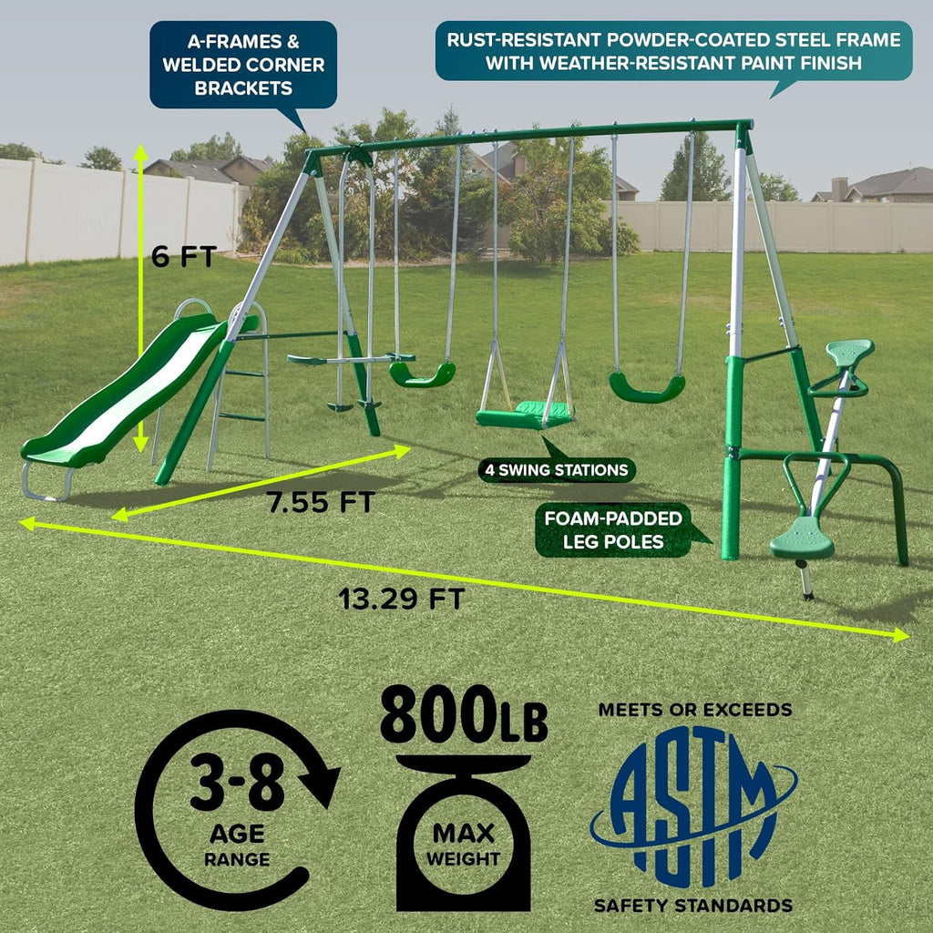 Park Ridge Metal Swing Set for Ages 3-8, 2 Swings, Standing Swing, Roman Glider, Teeter Totter, 5ft Slide, 6.1ft