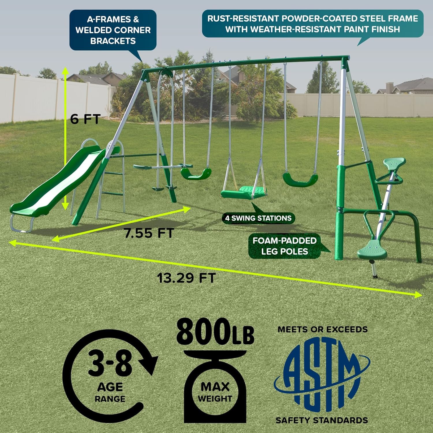 Park Ridge Metal Swing Set for Ages 3-8, 2 Swings, Standing Swing, Roman Glider, Teeter Totter, 5ft Slide, 6.1ft