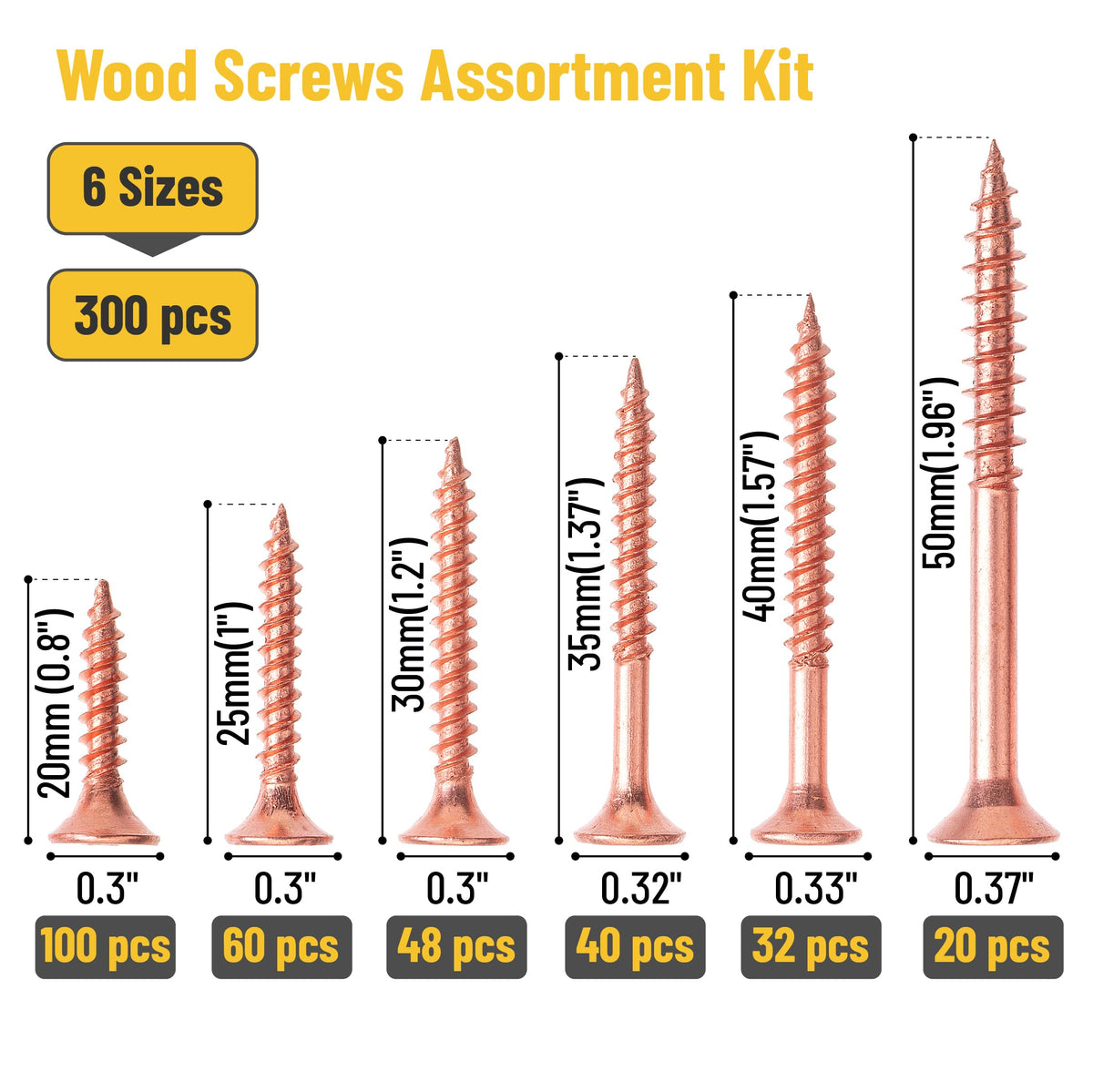 Wood Screws Assortment Kit, 300 pcs, Rose Gold, Phillips Head