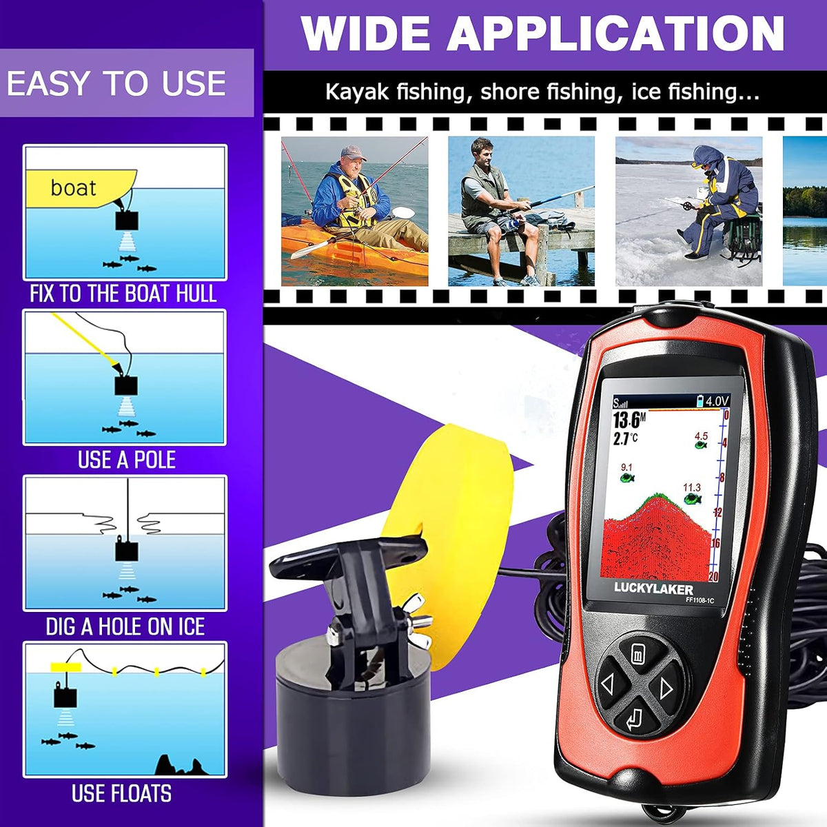 Portable Display Fish Finder Boat Handheld Transducer Fish Finders Kayak Water Sensor Depth Finder LCD Wired Cable
