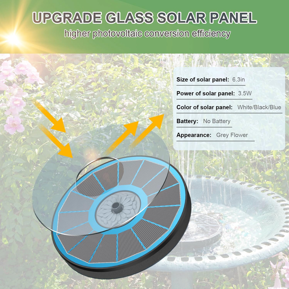 Solar Fountain for Bird Bath Direct Sunlight High Efficiency 3.5W Glass Panel Solar Water Fountain Outdoor Garden